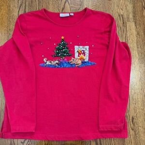 Quacker Factory Long Slv Red Tee Christmas Holiday Sequins Size XL